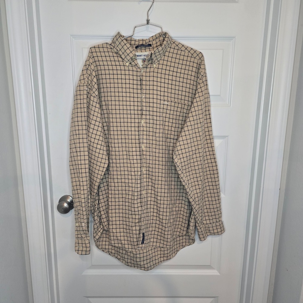 Tommy Hilfiger Button Down Shirt Mens XL Tan Cotton Preppy Tattersall Vintage
